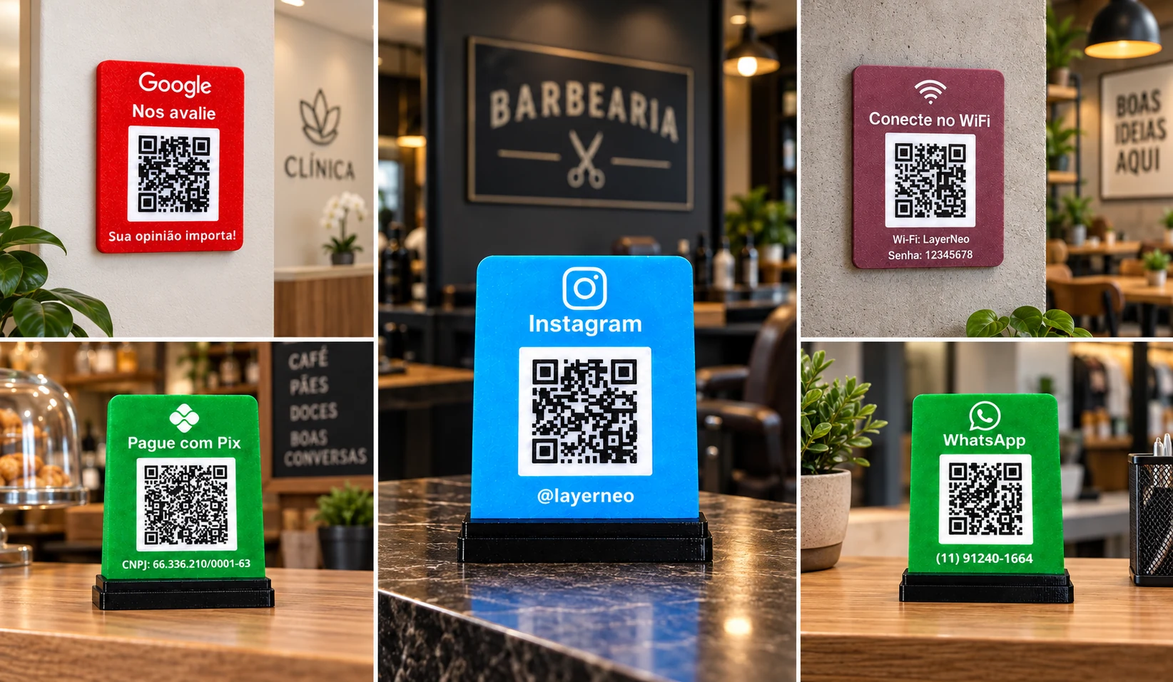 Placas personalizadas LayerNeo em ambientes comerciais