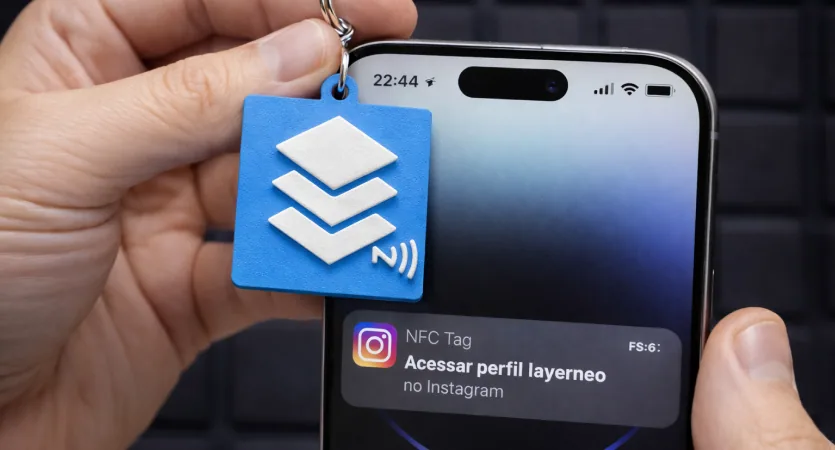 Chaveiro NFC LayerNeo aproximado de um celular